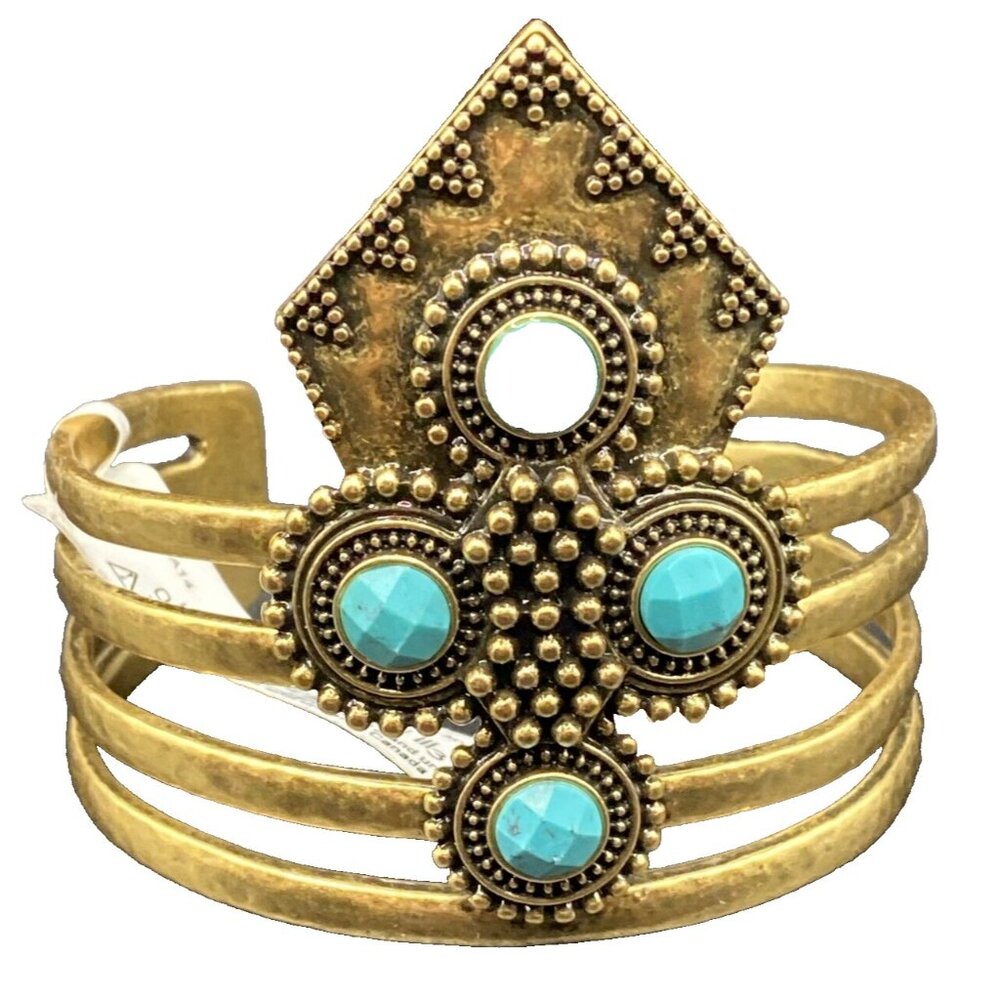 Signed Lucky Brand Bracelet Turquoise Elements Large Cuff Gold Tone NWT Western - Picture 3 of 12